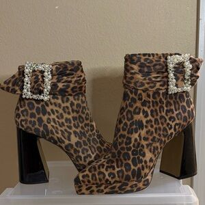 Betsey Johnson Animal Print Ankle Booties with Pearl Buckle